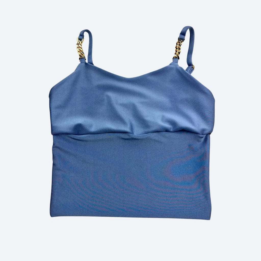 Irina Sky Blue Sculpt Fit Crop Top with Gold Chain Straps