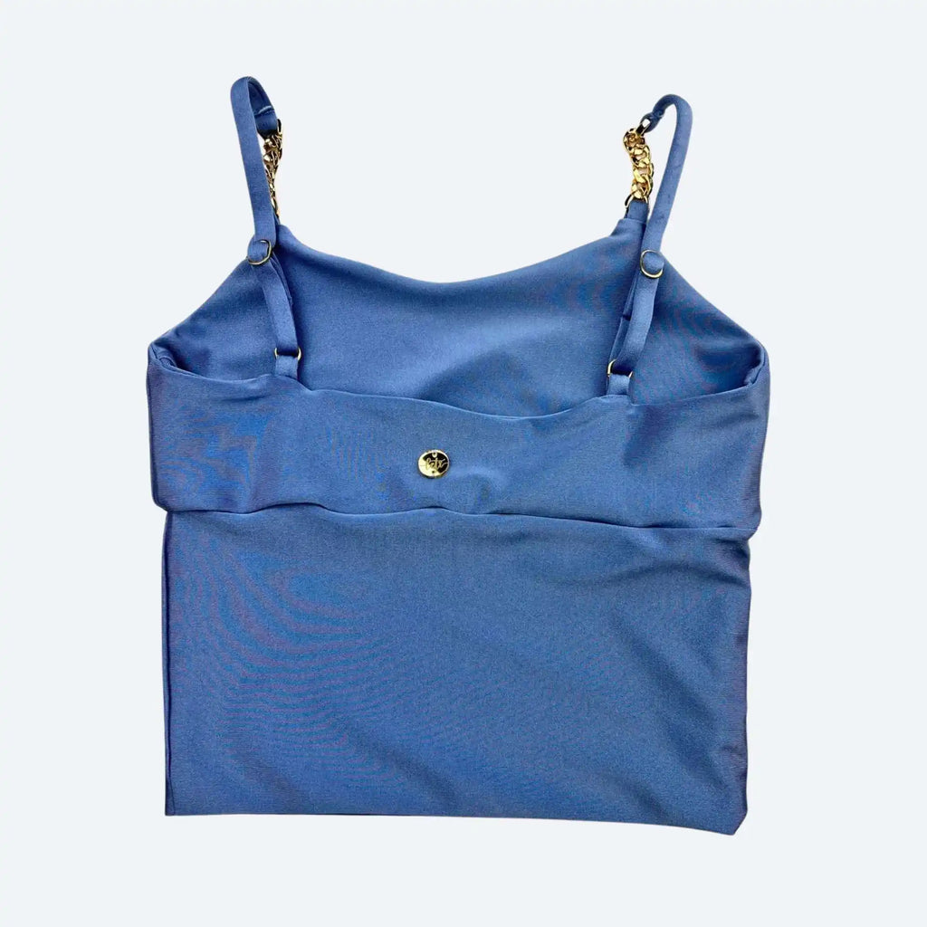 Irina Sky Blue Sculpt Fit Crop Top with Gold Chain Straps