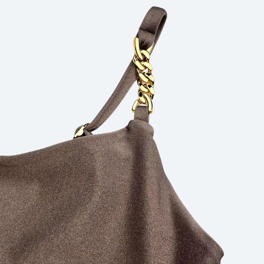 Irina Dark Taupe Sculpt Fit Crop Top with Gold Chain Straps