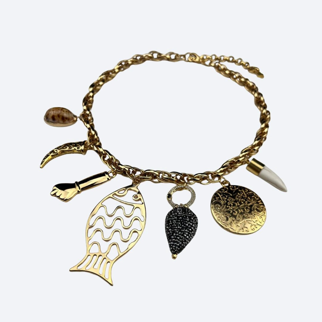 Charm Necklace with Gold Fish, Shell & Boho Pendants Handcrafted Brazilian Coastal Jewelry