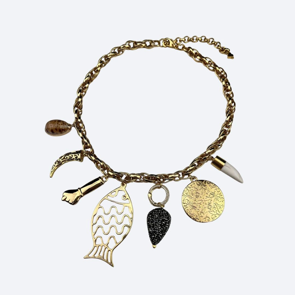 Charm Necklace with Gold Fish, Shell & Boho Pendants Handcrafted Brazilian Coastal Jewelry