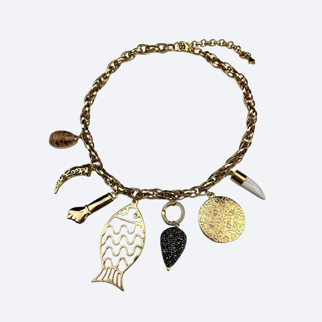 Charm Necklace with Gold Fish, Shell & Boho Pendants Handcrafted Brazilian Coastal Jewelry