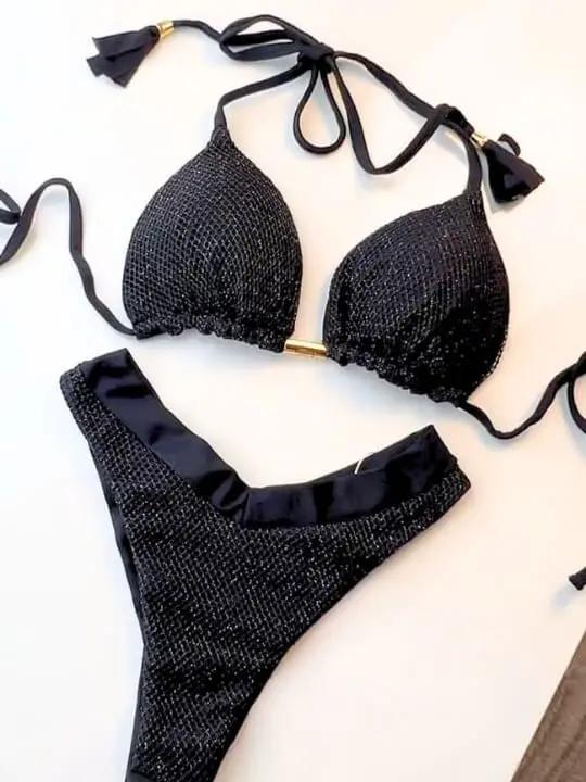 Genova Gold Shimmery Black Brazilian Bikini with Triangle Top My Store