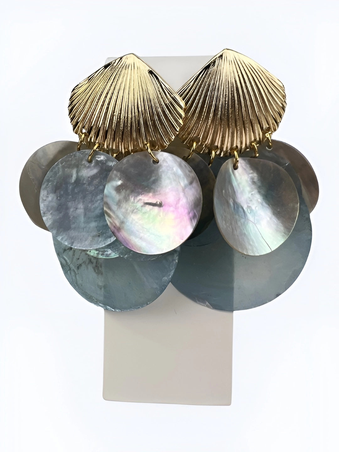 Gold Shell & Blue Mother-of-Pearl Statement Earrings – Coastal Elegance