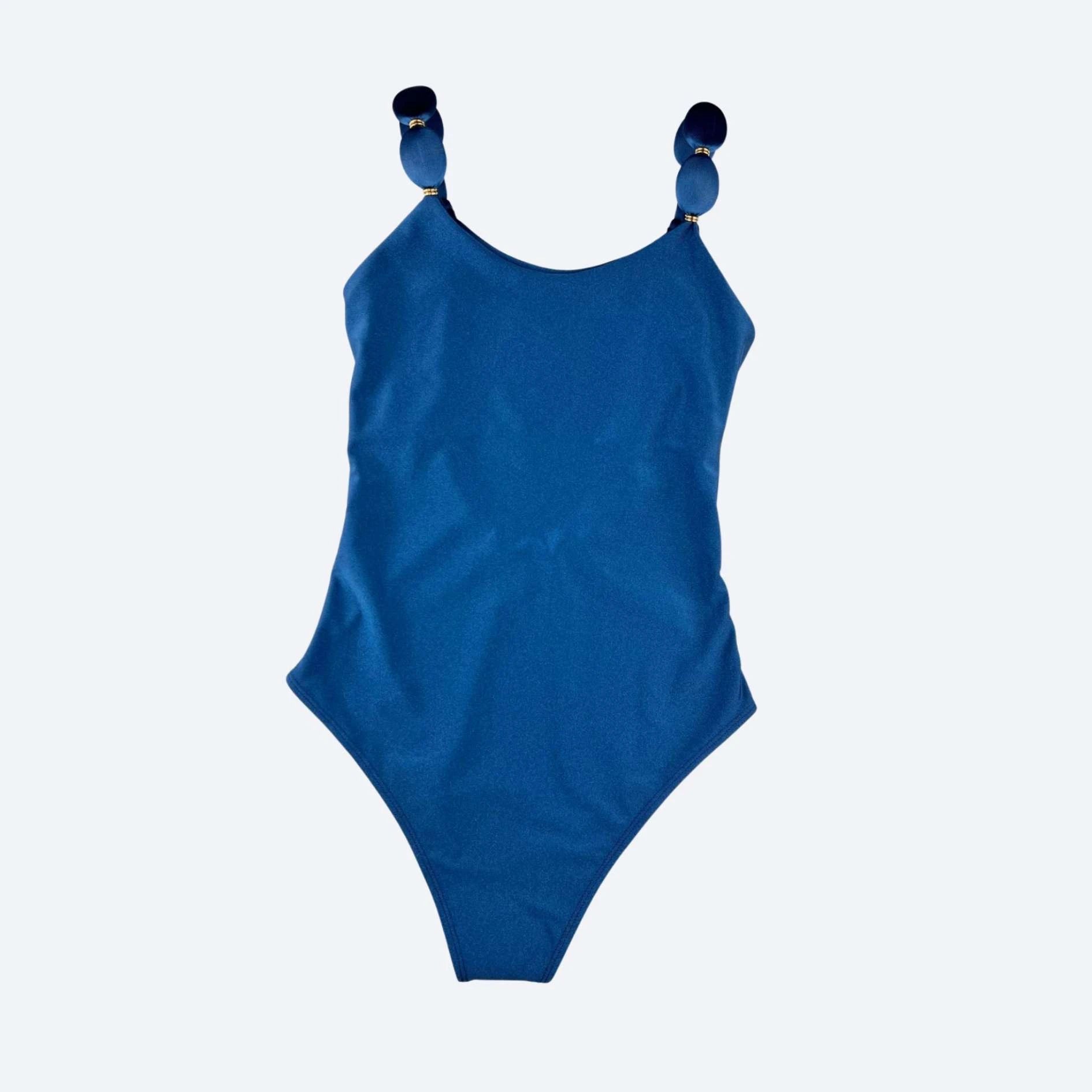 Amalfi Deep Ocean Blue One Piece with Beaded Straps and Gold Details