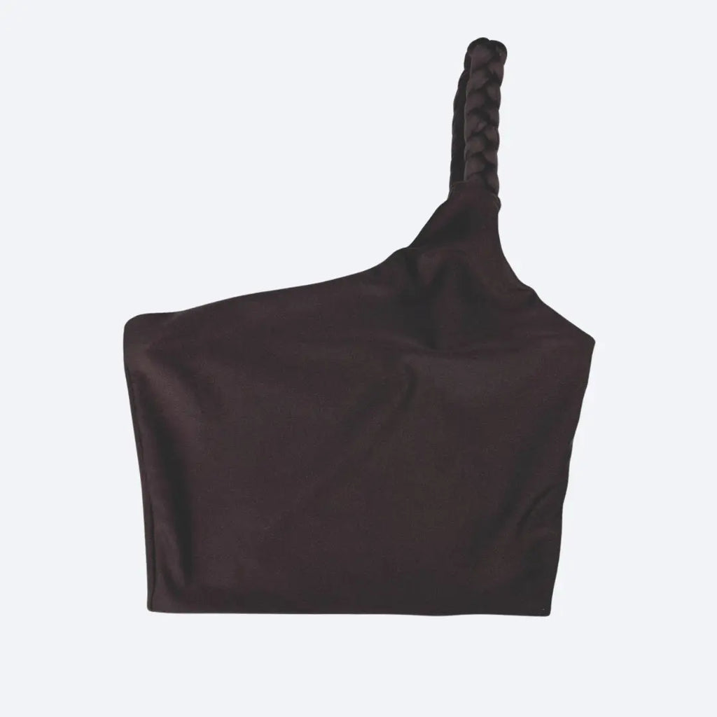 Iara Espresso V-Curve Performance Top for Women made with Trilobal fabric and SPF 50, medium-support activewear with adjustable straps.