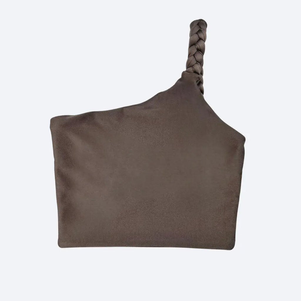 Brown one-shoulder top with braided detail on a white background