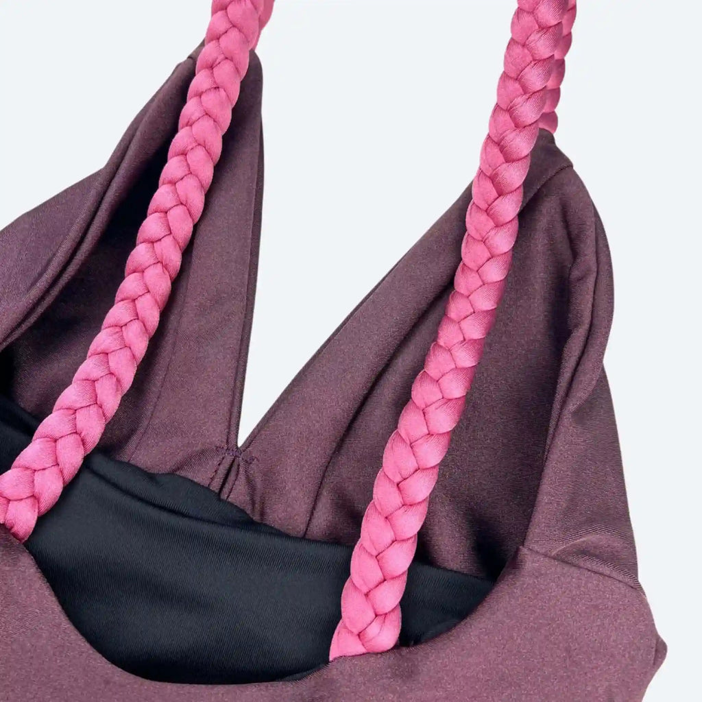 Maya Taupe Purple VersaFit Bodysuit with elegant braided straps – luxurious activewear for gym, beach, and everyday style by Rio Essenza.