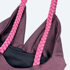 Maya Taupe Purple VersaFit Bodysuit with elegant braided straps – luxurious activewear for gym, beach, and everyday style by Rio Essenza.