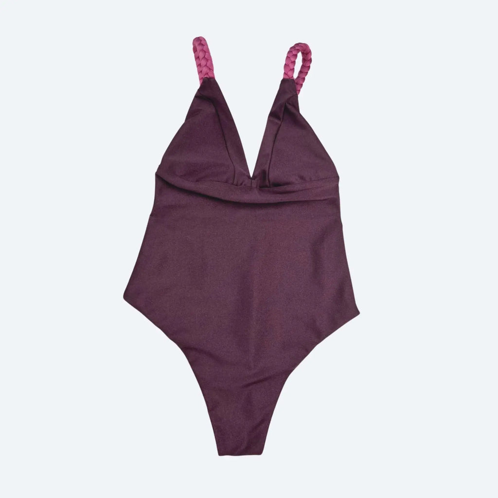 Close-up of Maya Taupe Purple VersaFit Bodysuit showing stylish braided straps, perfect for gym, beachwear, and versatile activewear.