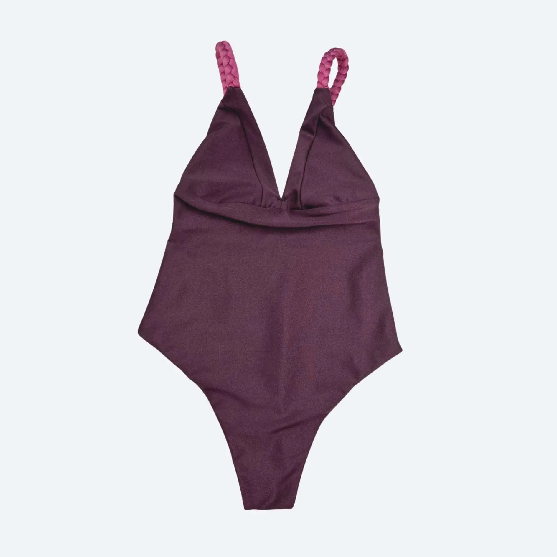 Close-up of Maya Taupe Purple VersaFit Bodysuit showing stylish braided straps, perfect for gym, beachwear, and versatile activewear.