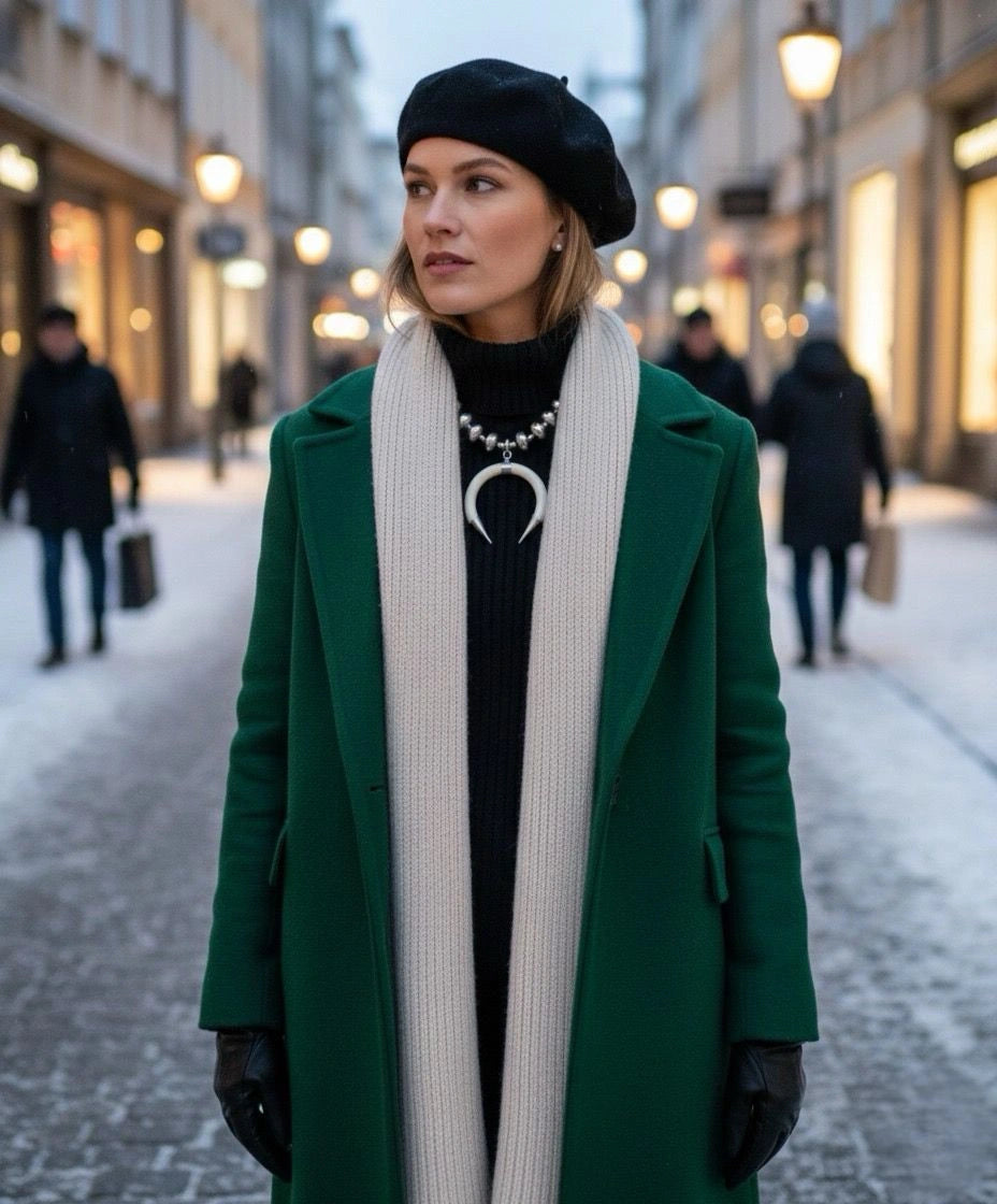 Woman in a green coat and black beret wearing a chic boho necklace.