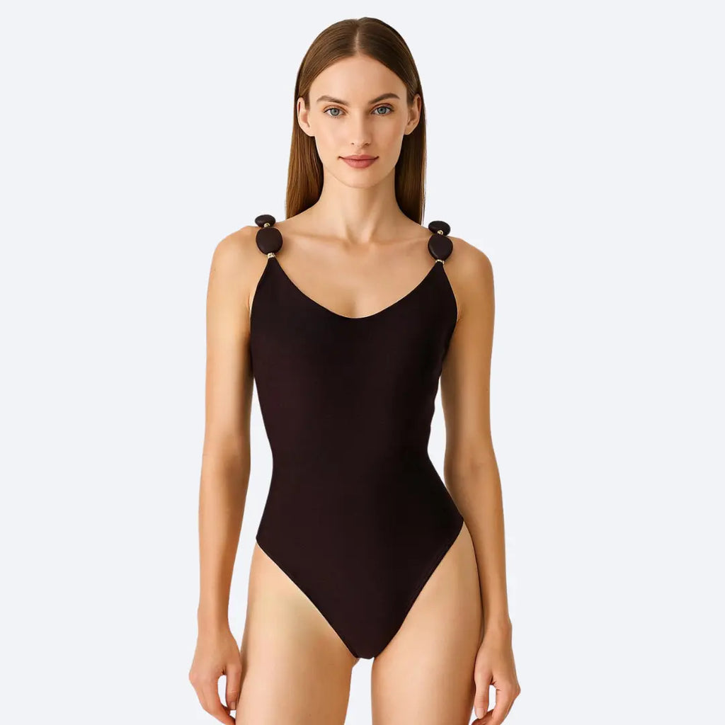 Amalfi Espresso Brown One Piece with Beaded Straps and Gold Details My Store