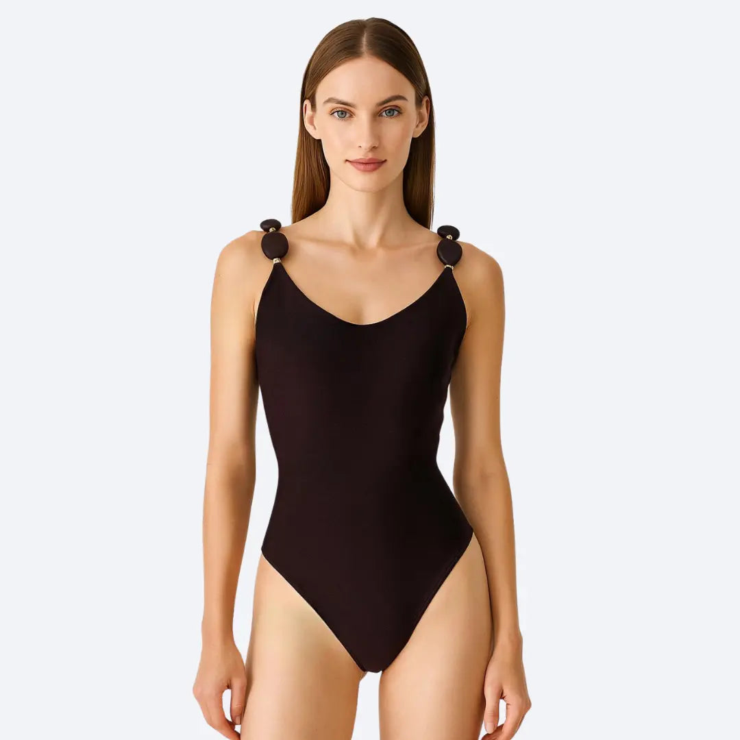 Amalfi Espresso Brown One Piece with Beaded Straps and Gold Details My Store
