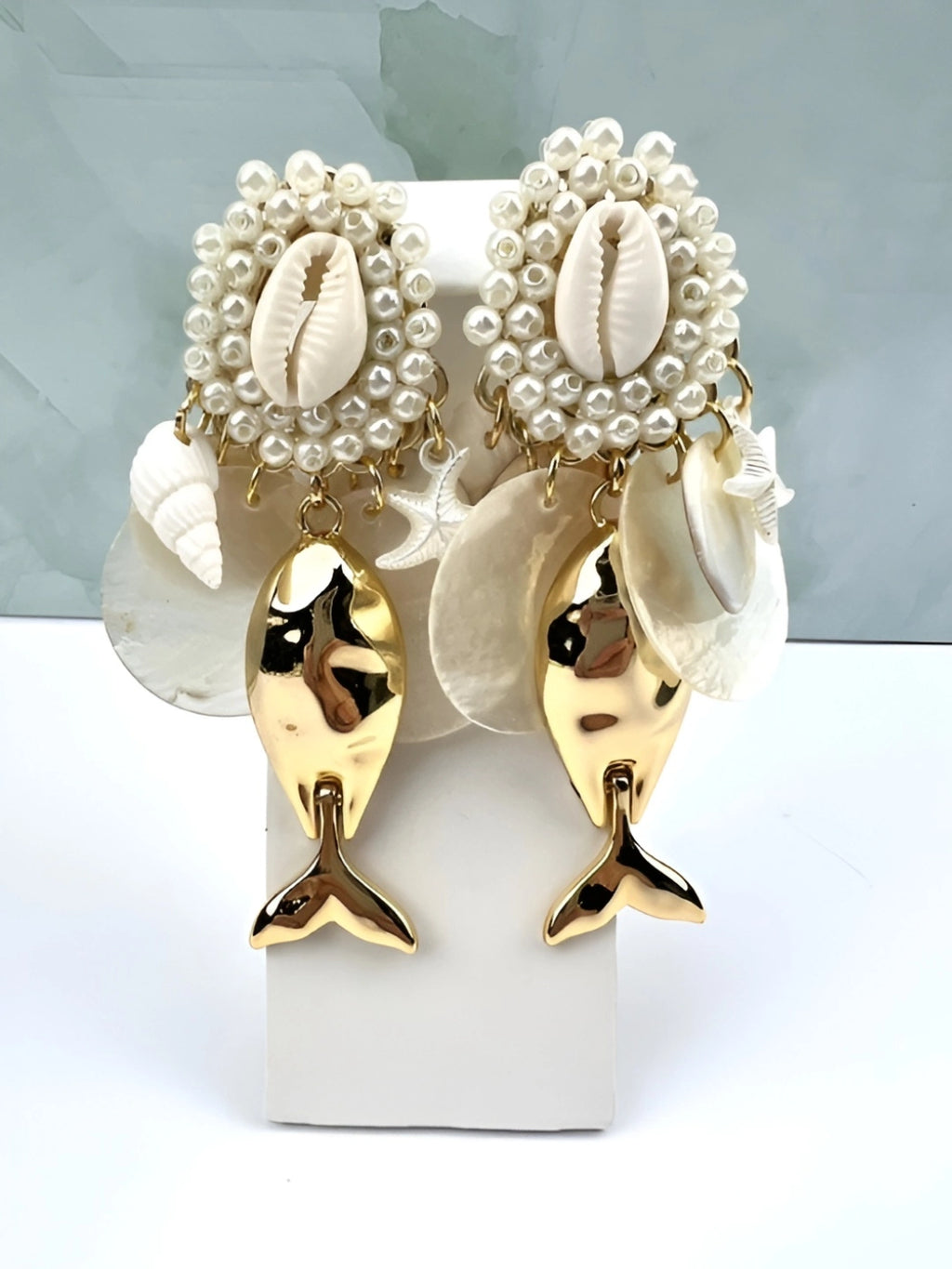 Ocean-Inspired Statement Pearl & Shell Earrings in Gold