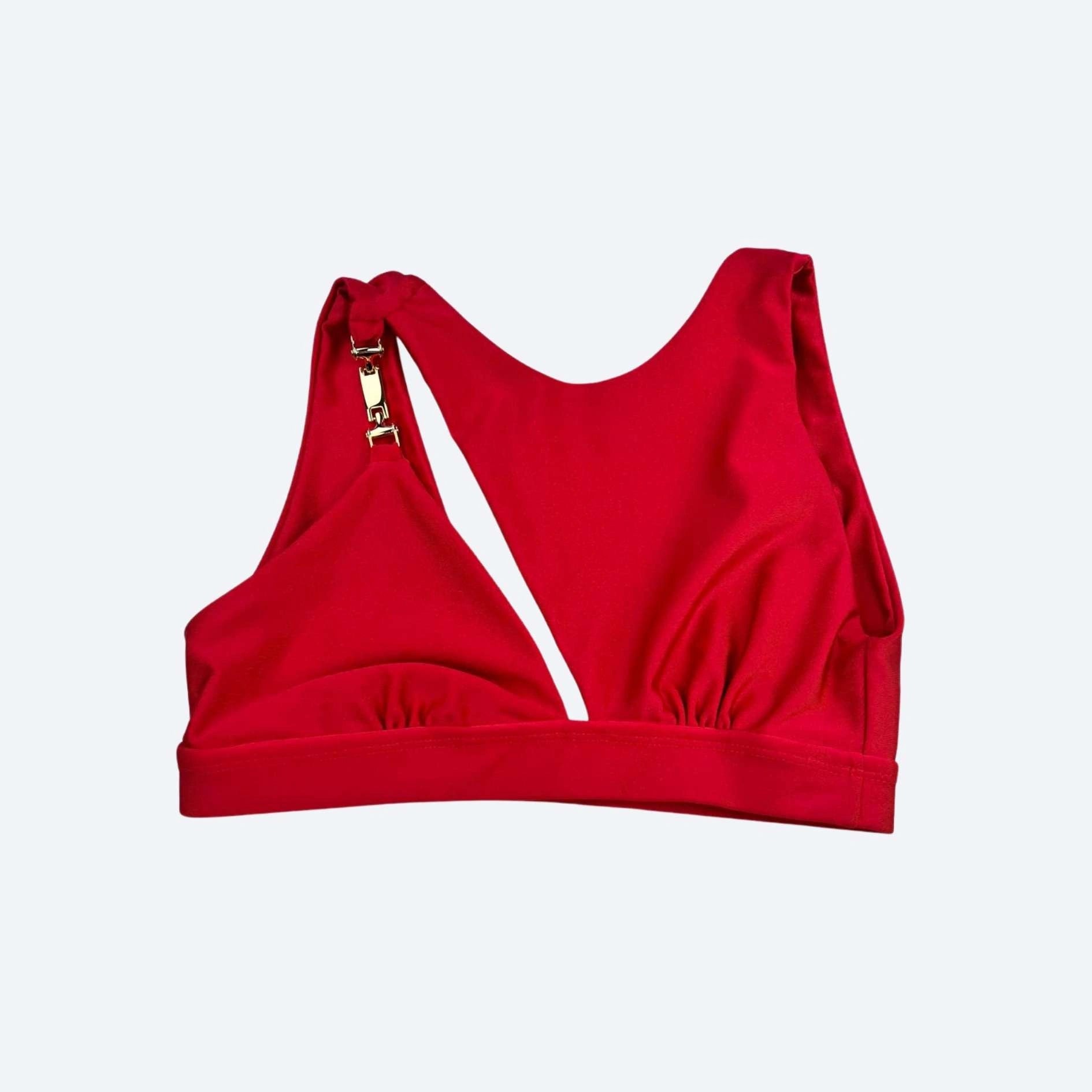 Red Christmas Asymmetrical Gym Top with Gold Detail – Sculpting & Stylish Activewear.