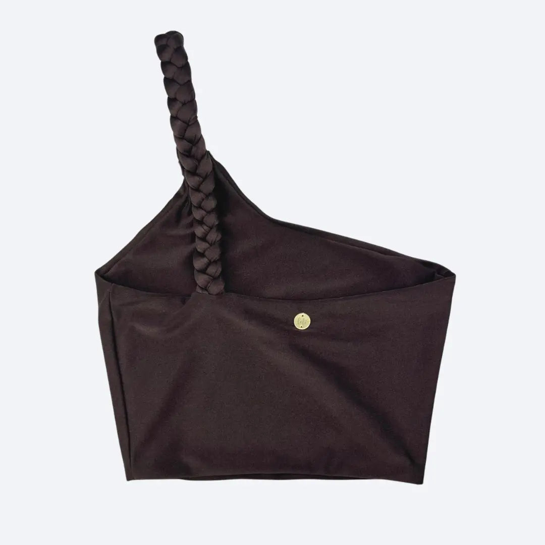 Brown Top for Women made with Trilobal fabric and SPF 50, medium-support activewear with adjustable straps.