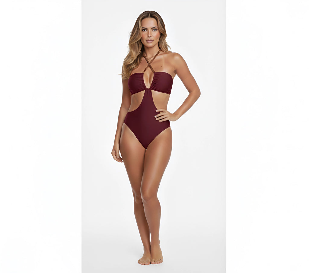 Sculpting Maroon Cut-Out One-Piece Swimsuit – SPF 50
