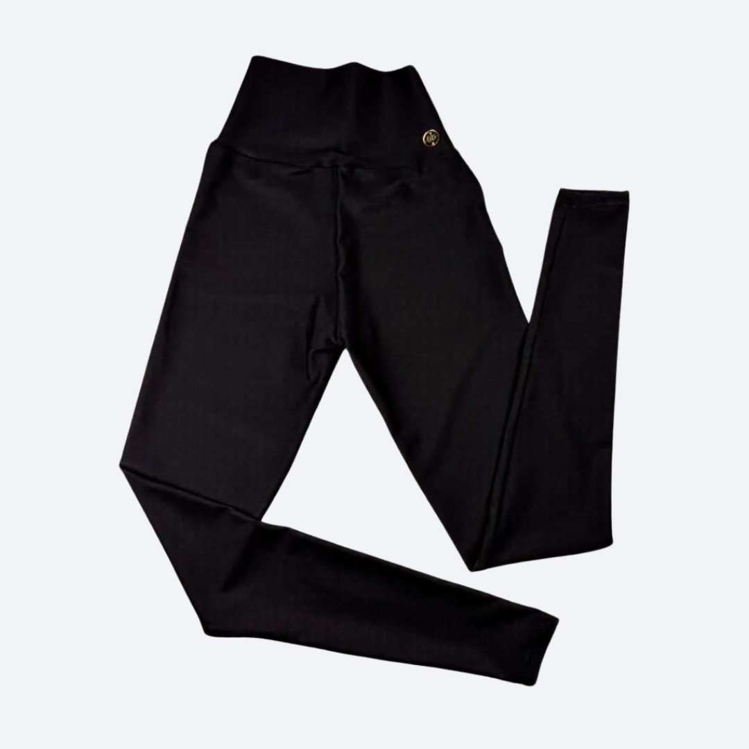 Black Fitness leggings with a brand logo on a light gray background