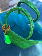 Tropical Charm Green Grass Handwoven Straw Bag – Brazilian Artisanal Design with Aqua Blue & Neon Tassels