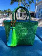 Tropical Charm Green Grass Handwoven Straw Bag – Brazilian Artisanal Design with Aqua Blue & Neon Tassels