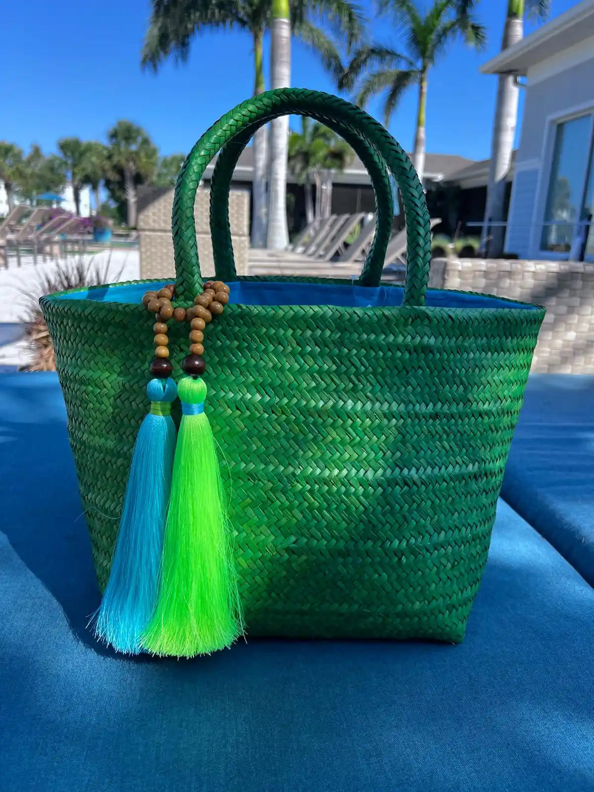 Tropical Charm Green Grass Handwoven Straw Bag – Brazilian Artisanal Design with Aqua Blue & Neon Tassels