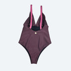 Rio Essenza Maya Taupe Purple VersaFit Bodysuit featuring intricate braided straps, combining comfort, support, and timeless activewear elegance.