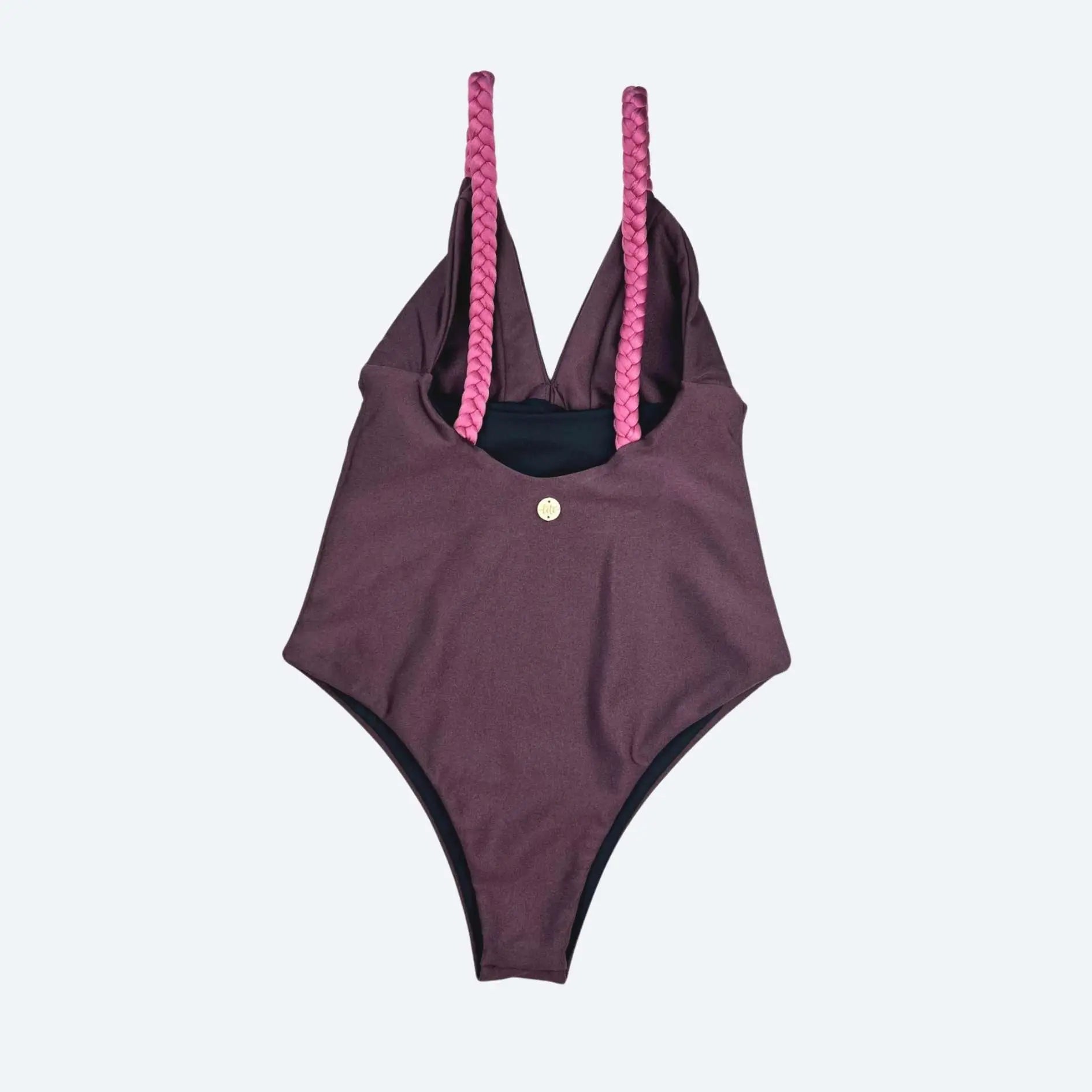 Rio Essenza Maya Taupe Purple VersaFit Bodysuit featuring intricate braided straps, combining comfort, support, and timeless activewear elegance.