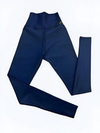 Space Blue high-waisted fitness leggings for women made from Brazilian Trilobal fabric, featuring sculpting fit, four-way stretch, moisture-wicking technology, and UV 50+ protection.