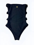 Black Open-Side Bodysuit Swimsuit with Gold Button Details, Duna