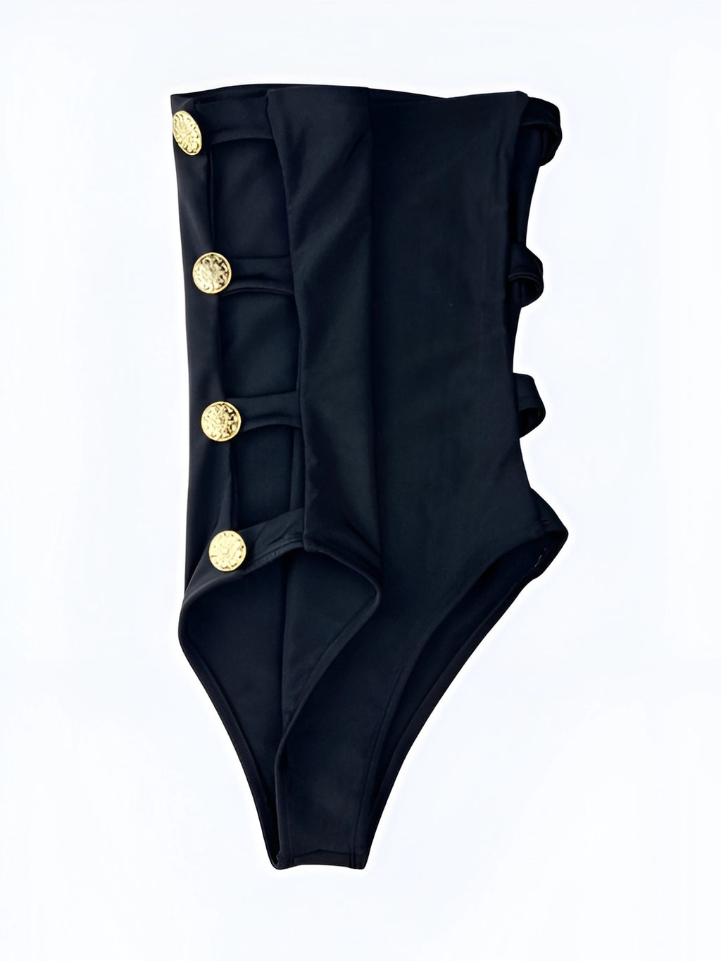 Black Open-Side Bodysuit Swimsuit with Gold Button Details, Duna