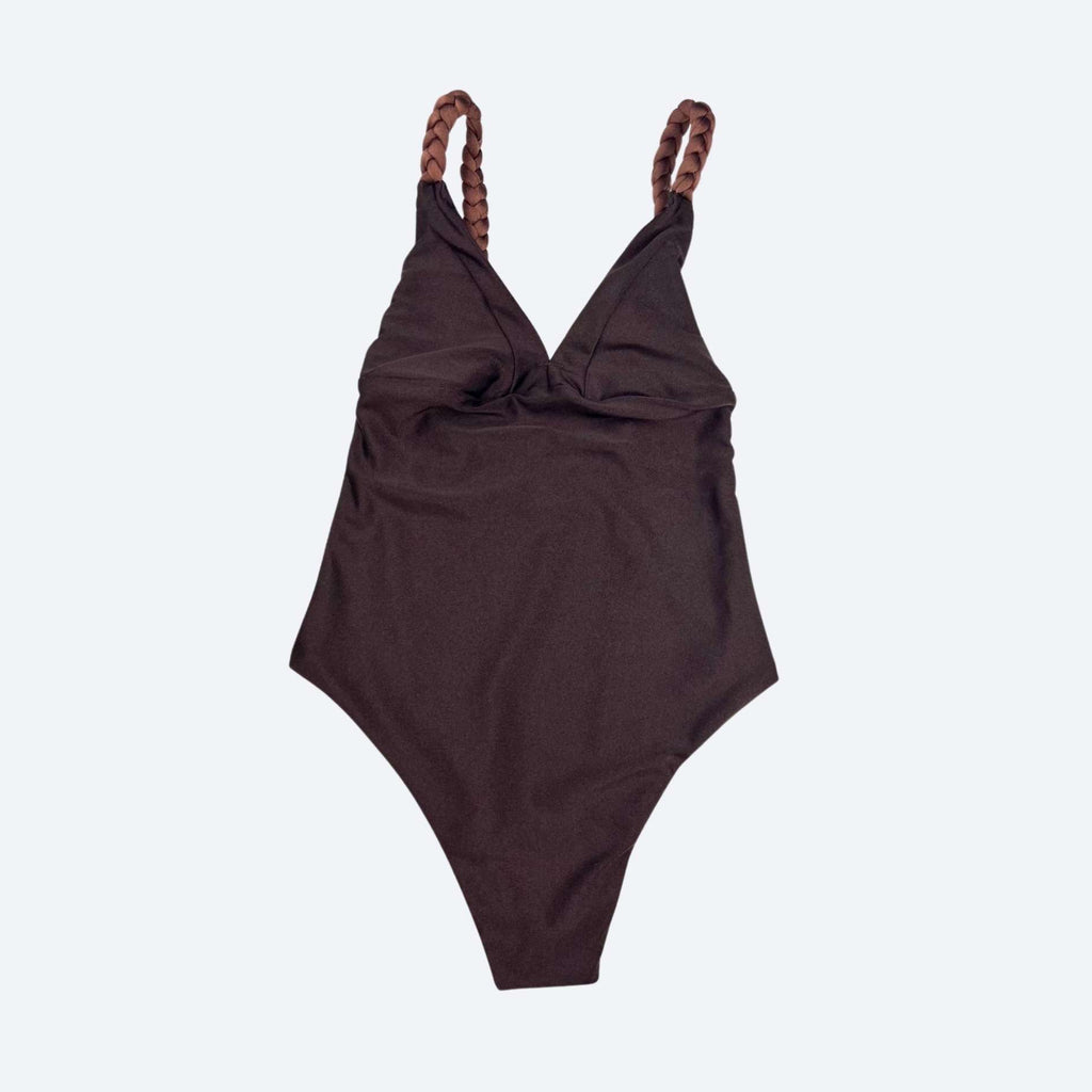 Brown braided women’s bodysuit for chic athleisure and beachwear, elegant and sculpting fit