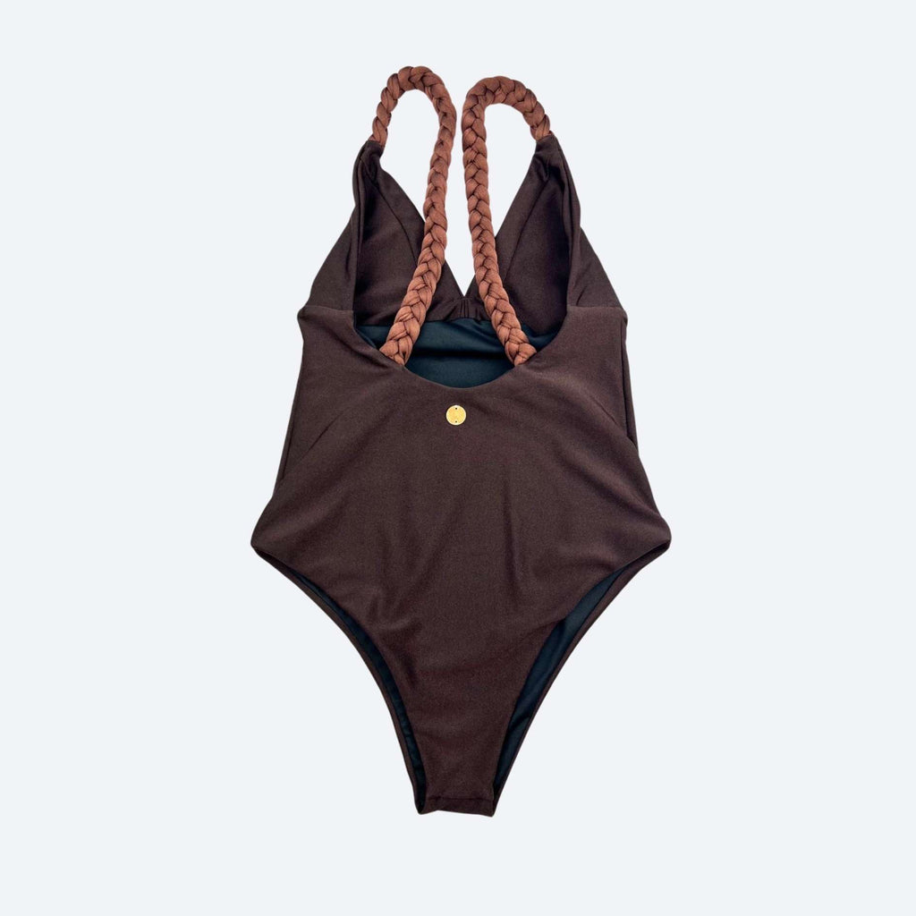 Brown sculpting bodysuit with braided accents for women, versatile for workouts and beachwear.