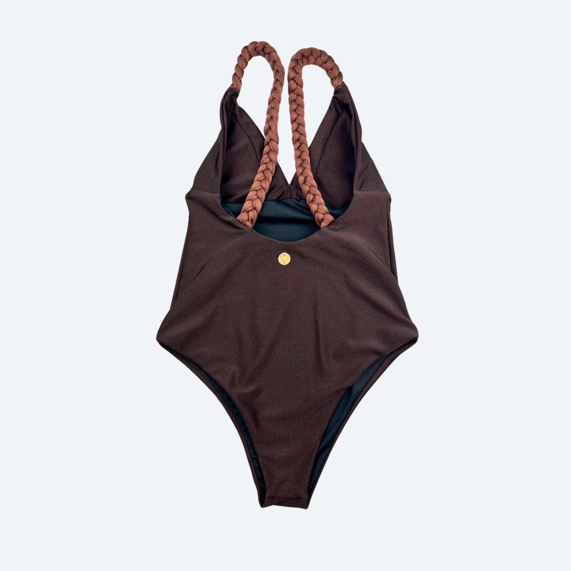 Brown sculpting bodysuit with braided accents for women, versatile for workouts and beachwear.