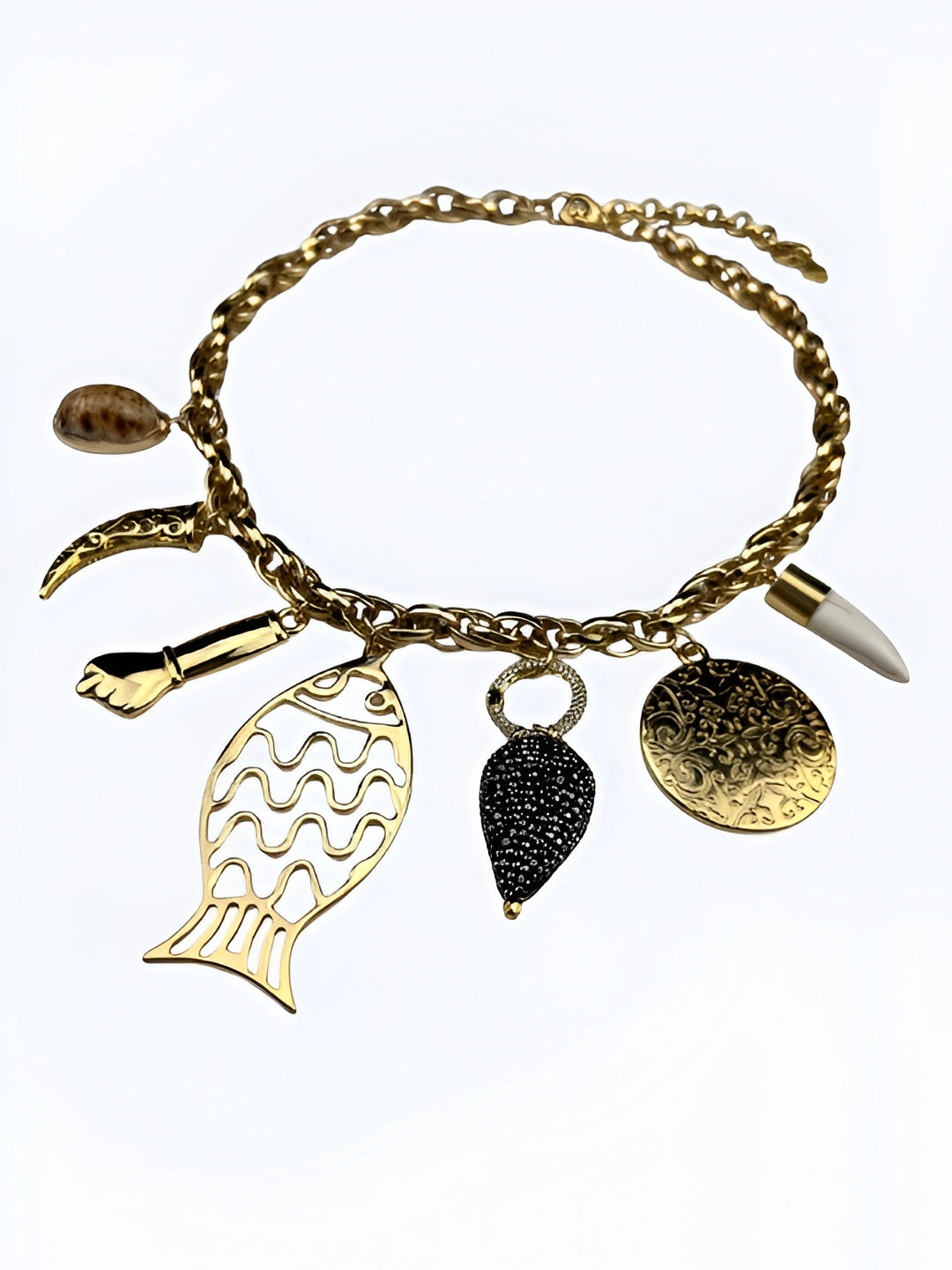 Gold Coastal Charm Necklace with Fish Shell and Boho Pendants